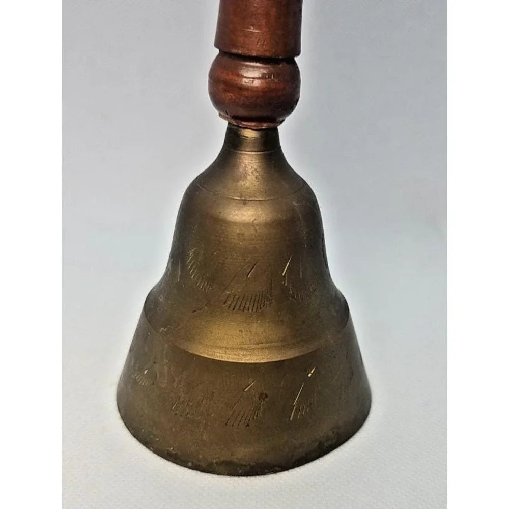 Vintage Brass Wood Bells Set of 2 Etched Decorative Rustic Bells